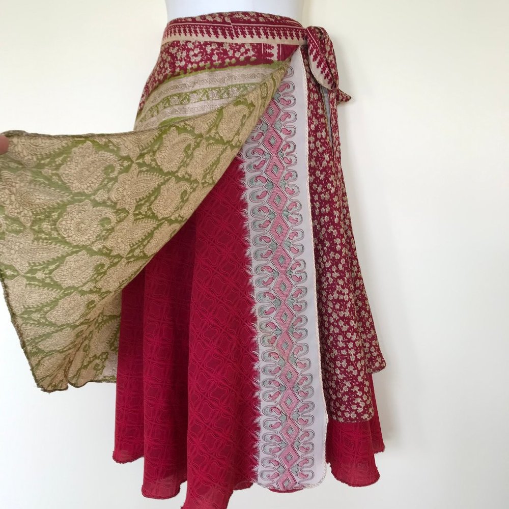 Reversible Layered Wrap Skirt Recycled Sari Boho Midi Skirt Adjustable One Size